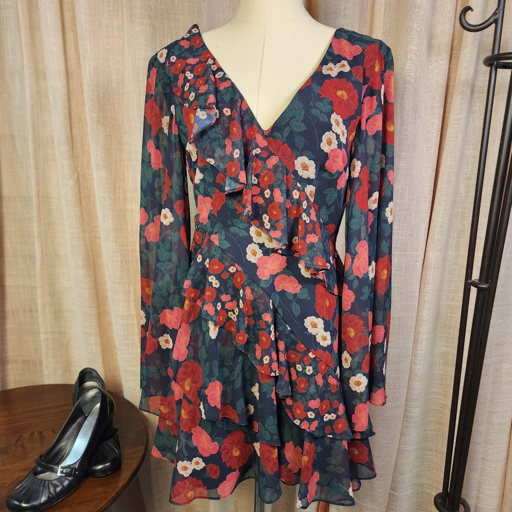 Keepsake The Label Need You Now Floral Ruffle Dress S Navy Long Sleeve
